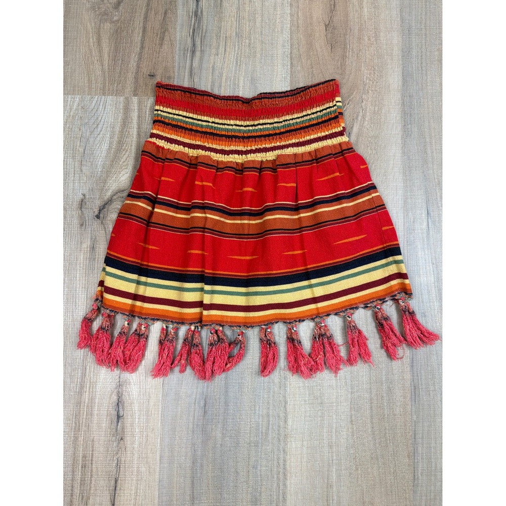 Wet Seal Womens Red Striped Smocked Mini Skirt Tassel Fringe Boho Southwestern S